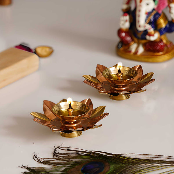 Set of 2  eCraftIndia Floral Shape Metal Diya