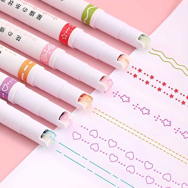 (Set of 6)Linear Roller Color Pens Highlighters with 6 Different Curve Shapes